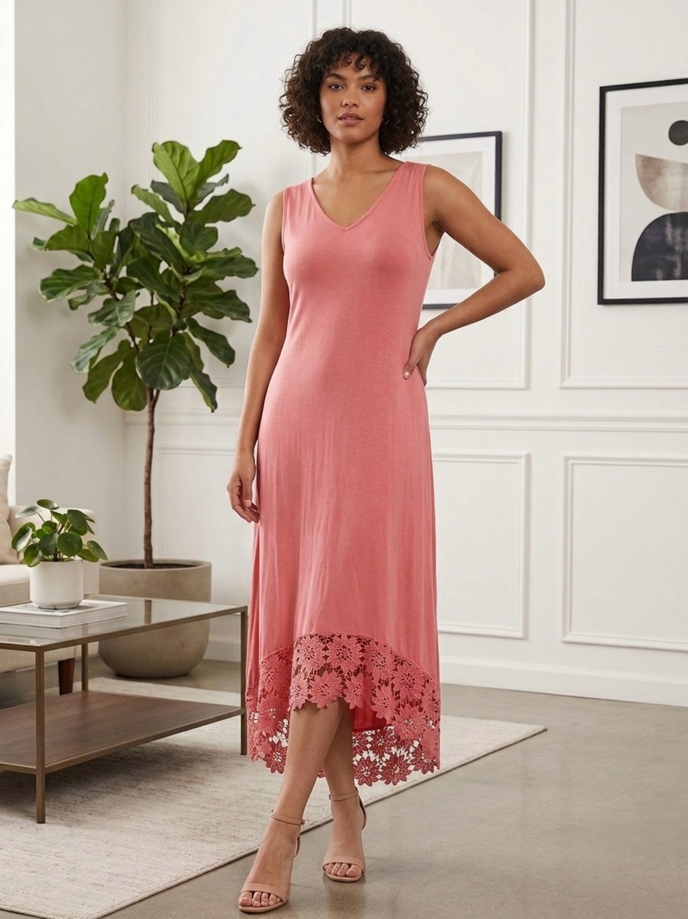 Nina Leonard Coral Pink Maxi Dress with Lace Hem